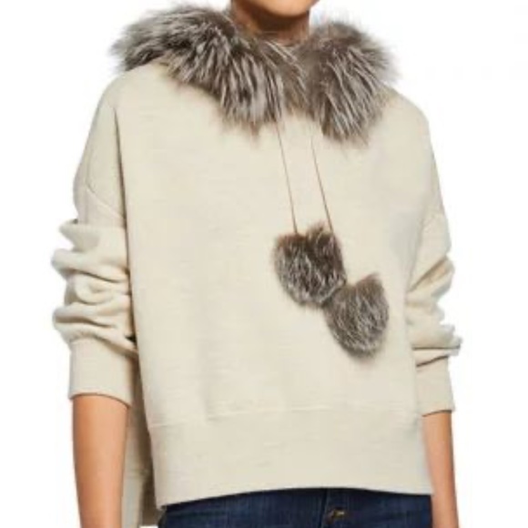 ALICE AND OLIVIA Oscar Silver Fox Fur-trim Hooded Sweater In Oatmeal - Picture 2 of 9